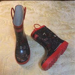 Oakiwear Boys Red & Black Pirate Treasure Lined Rubber Rain Boots Size 3