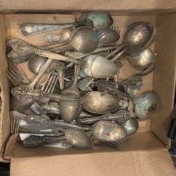 Box Of Assorted  Silver And Stainless Steel Utensils