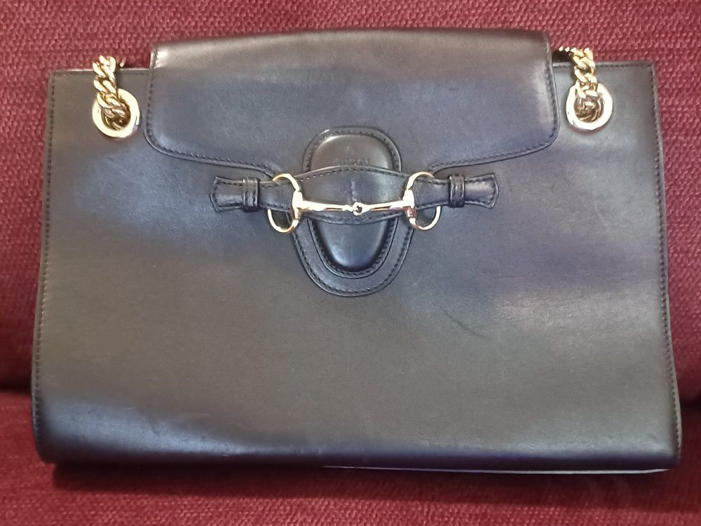 Gucci Horsebit 1955 Emily Chain Large Shoulder Bag Black Leather Double Strap