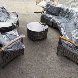 8 Piece Outdoor Patio Furniture Set, Half-Moon Curved Sectional Sofa Rattan Conversation Set with Wood Armrests, Coffee Table & Side Table,Grey