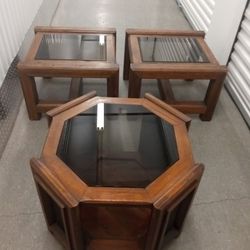 1970 .S Solid Wood Set Coffee Table 2 End Tables And Corner Table 3/8 Tinted Glass Worm Wood