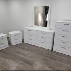 DRESSER WITH MIRROR, CHEST AND TWO NIGHSTANDS 