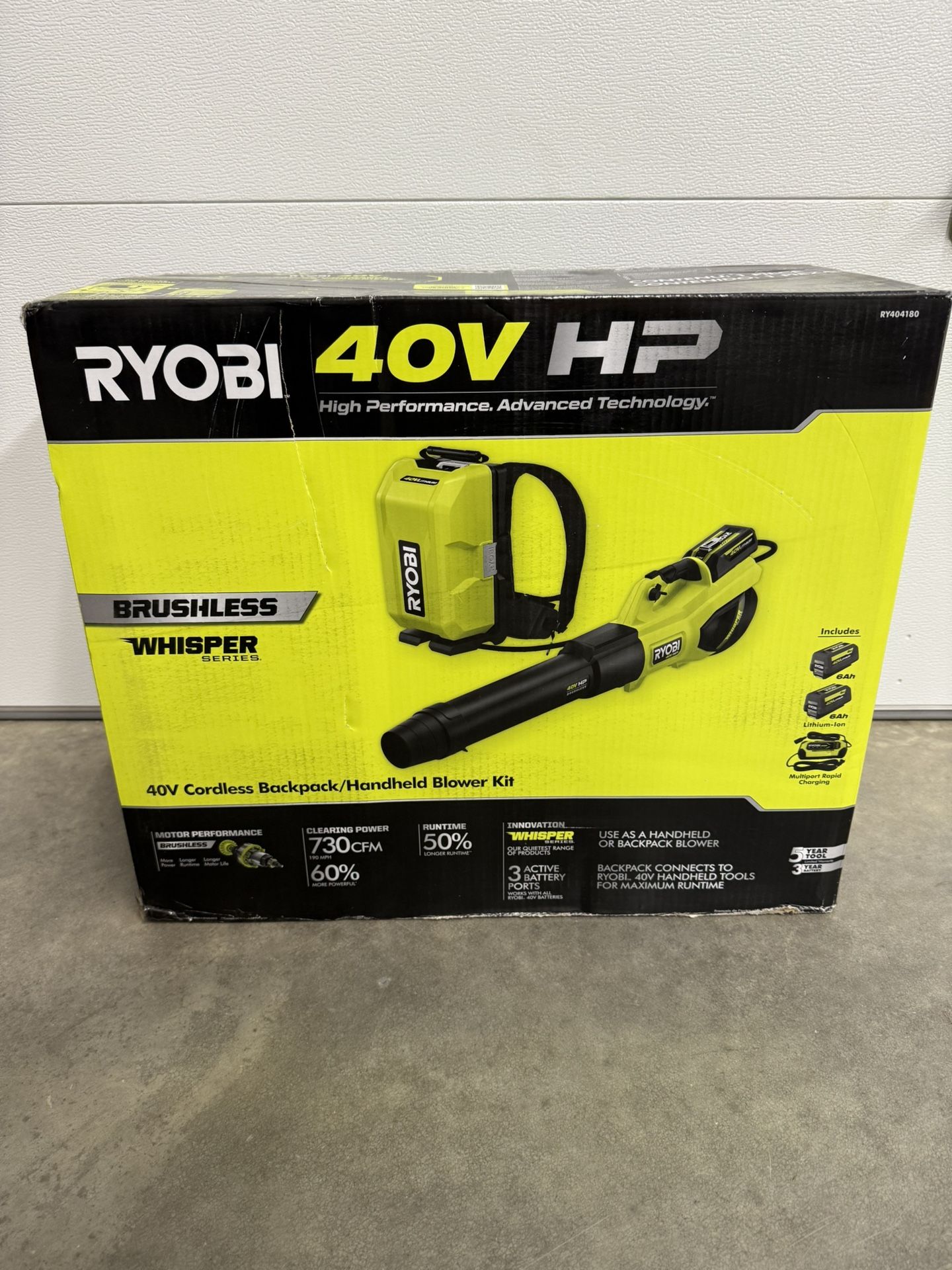 RYOBI 40V HP Brushless Whisper Series 190 MPH 730 CFM Leaf Blower and Backpack Battery w/ (2) 6.0 Ah Batteries & Charger $600 plus tax at Home Depot n