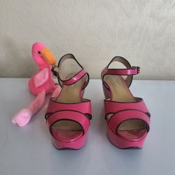 Salvatore Ferragamo Pink/Black Patent Leather Platform Ankle Strap Sandal 6.5