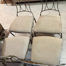 Iron Backed With Scroll Work. Brocade Seating. Set Of 4.