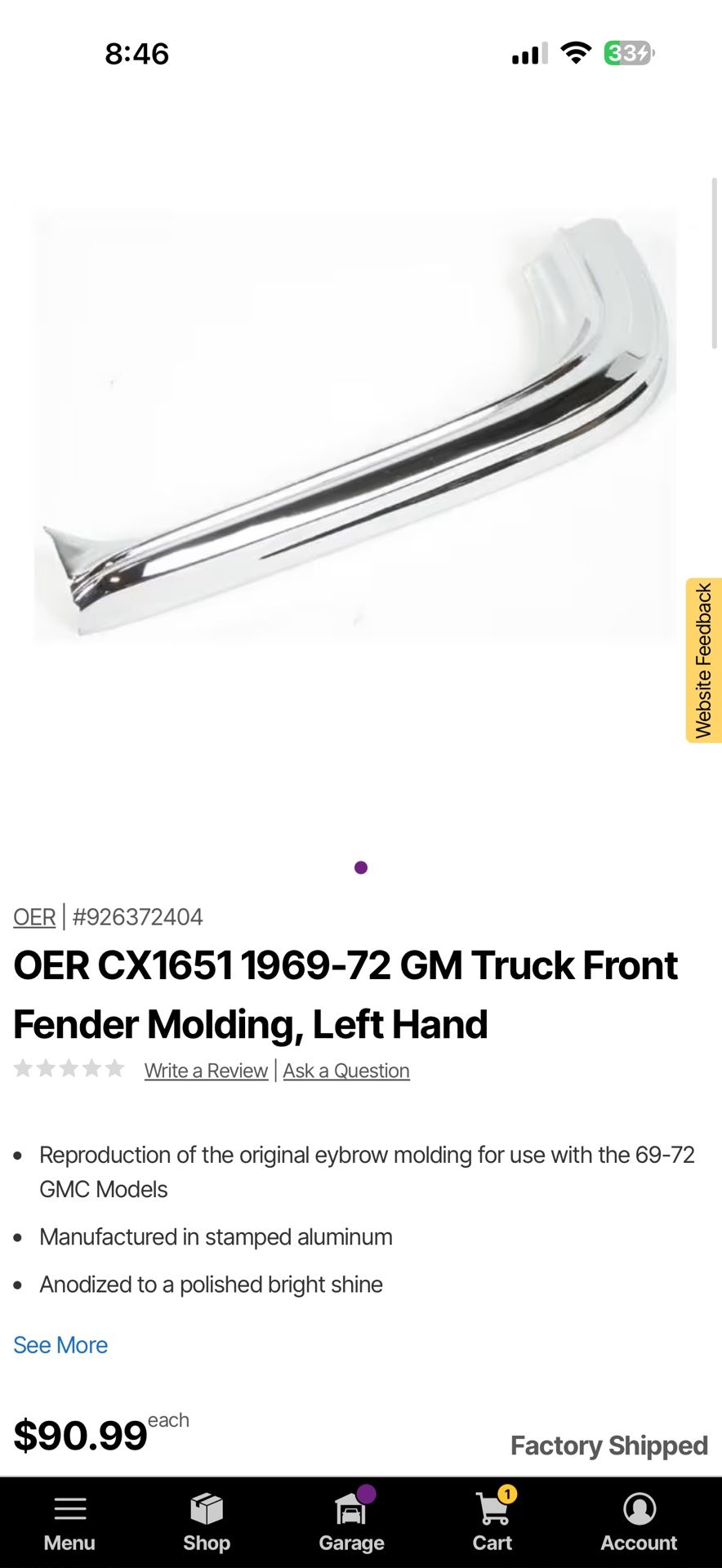 OER CX1(contact info removed)-72 GM Truck Front Fender Molding, Left Hand