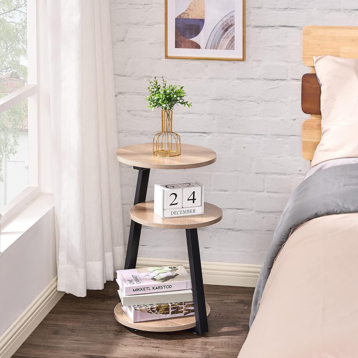 3-Tier Round End Table with Metal Frame – Accent Nightstand, Bedside Table, Small Coffee Table for Living Room & Bedroom – Greige KTZ41G