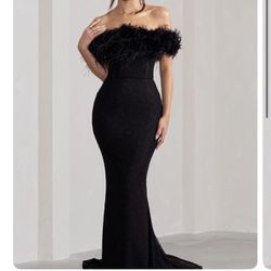 Black, lace, feather maxi dress