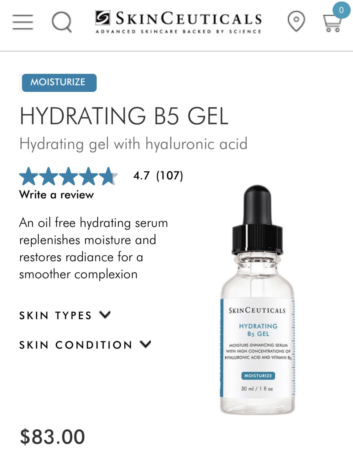 SKINCEUTICALS HYDRATING B5 HYALURONIC ACID GEL MOISTURIZER 30ML