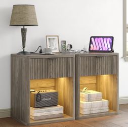 Fluted Night Stand Set of 2 with Charging Station & LED Lights, Modern Bedside Tables with Outlets/USB for Bedroom, Wood Side Tables with Storage Draw