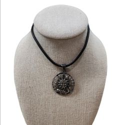 Silver Toned Black Leather Celestial Pendant Necklace