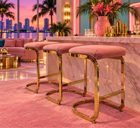 1980s Vintage Postmodern cantilevered mauve brass stools set of 3