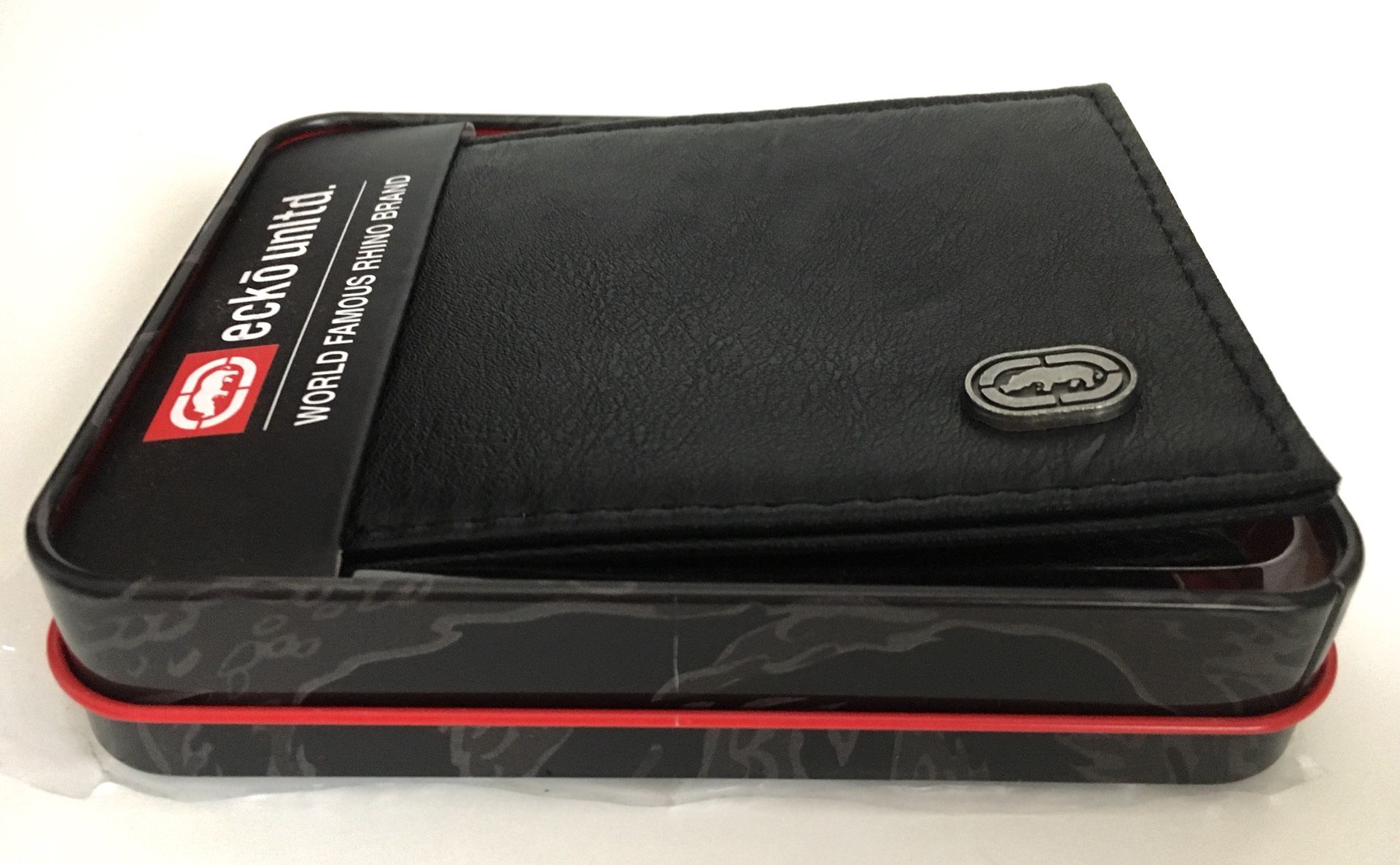 Ecko Unltd. Men's Genuine Leather Black Bi-fold Wallet -Metal Gift Boxed