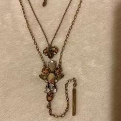 18” Goldtone Double Strand Necklace With Sparkly Rhinestones Pendants And Dangling Bar,By Jade & Jasper