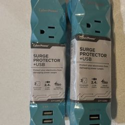 Set of 2  SURGE PROTECTOR + USB Protect your electronics from damaging power surges 3 STANDARD OUTLETS 2.4A 2 USB PORTS 7350 JOULES PROTECTION