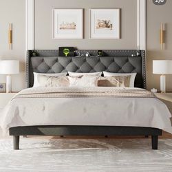 King Size Bed Frame with Comfort Wingback & Charging Station, Upholstered Platform Bed.