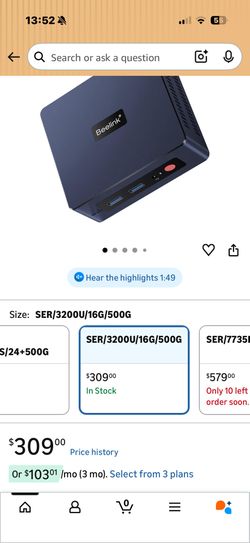 Beelink SER3 Mini PC W11 Pro, AMD Ryzen 3 3200U(2C/4T up to 3.5 GHz),16GB DDR4 500GB NVME SSD Graphics 3 core 1200 MHz WiFi 5/BT5.0 Dual Display Mini 