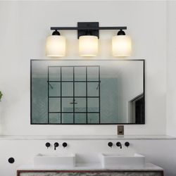 Milk Glass Vanity Lights for Bathroom, 3 Light Matte Black