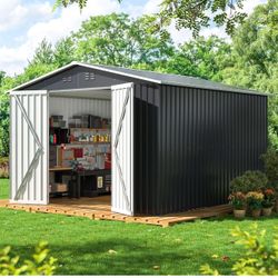 10x10 FT Outdoor Storage Shed, Metal Garden Tool Shed with Updated Frame Structure and Lockable Doors, Ideal for Backyard Garden Patio Lawn, Grey