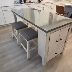 Counter Height Two Color Table With 4 Chairs - Also Side Storage And Custom Glass Top