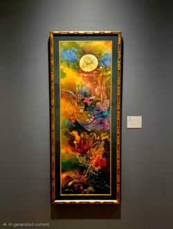Late 20th-century Bamboo Framed Fantasy Batik Painting 62"×24" Signed.