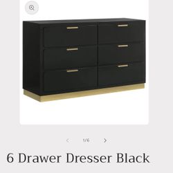 Modern Black & Gold Bedroom Set – 6 Drawer Dresser + 2 Nightstands