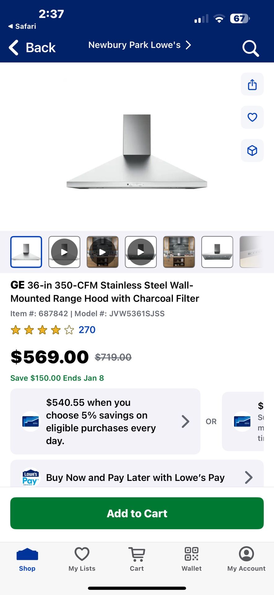 NEW 36” GE 350CFM WALL MOUNTED RANGE HOOD 1/3/25
