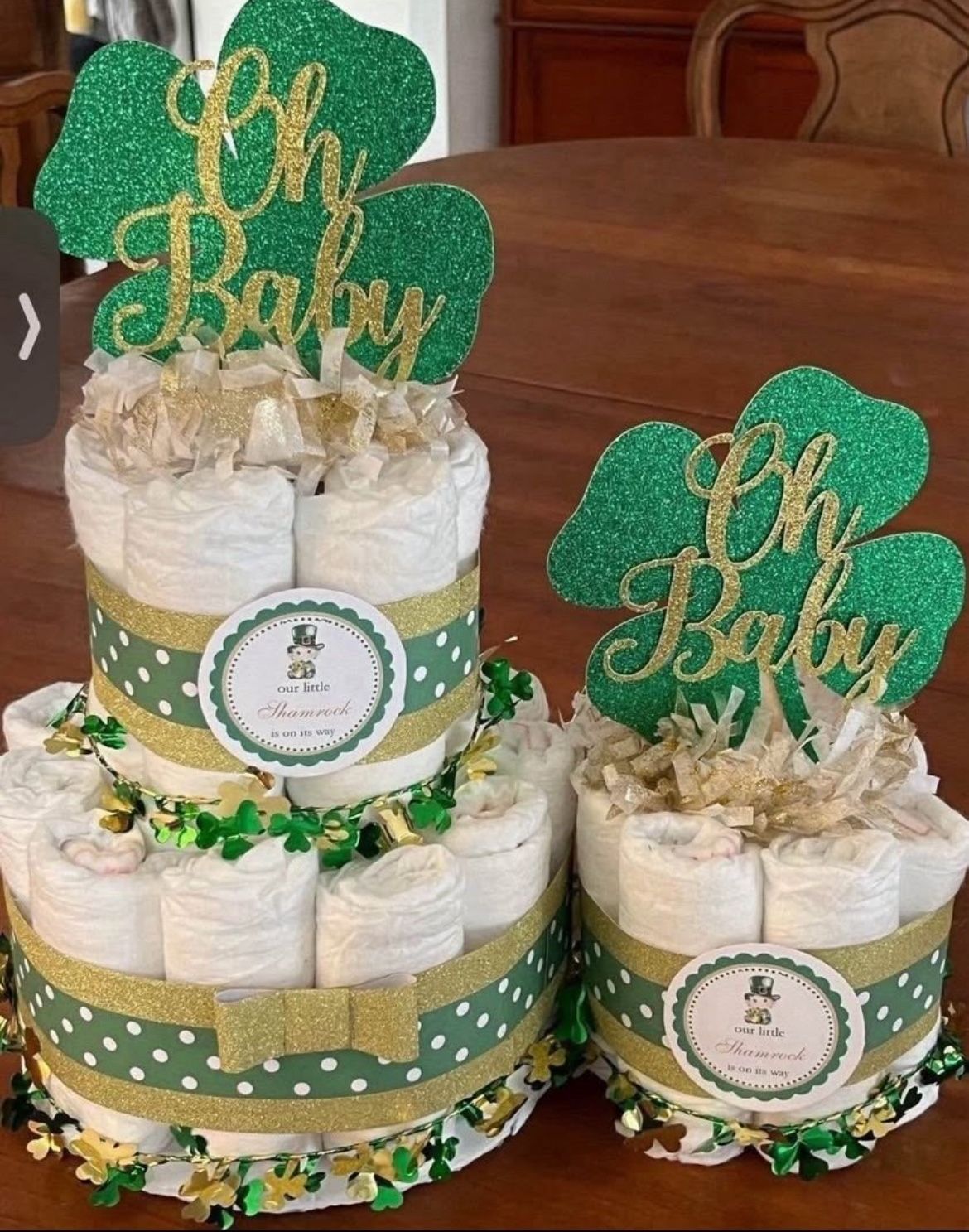 2 Gold Green Shamrock baby shower diaper cakes