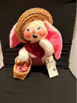 Annalee Easter Bunny Rabbit w/ Straw Hat Basket & Tag Poseable Doll Vintage