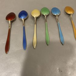A Collection Of 6 David Anderson Norwegian Enameled Gilt Sterling Silver 925 Demitasse Spoons  If you see it here , it is available  This can be shipp