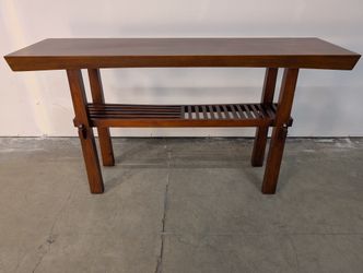 Reddish-Brown Wood Console Table with Slatted Shelf