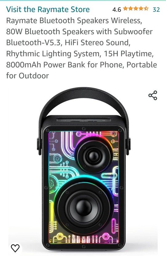 Raymate Bluetooth Speakers Wireless, 80W Bluetooth Speakers with Subwoofer Bluetooth-V5.3, HiFi Stereo Sound, Rhythmic Lighting System, 15H Playtime,