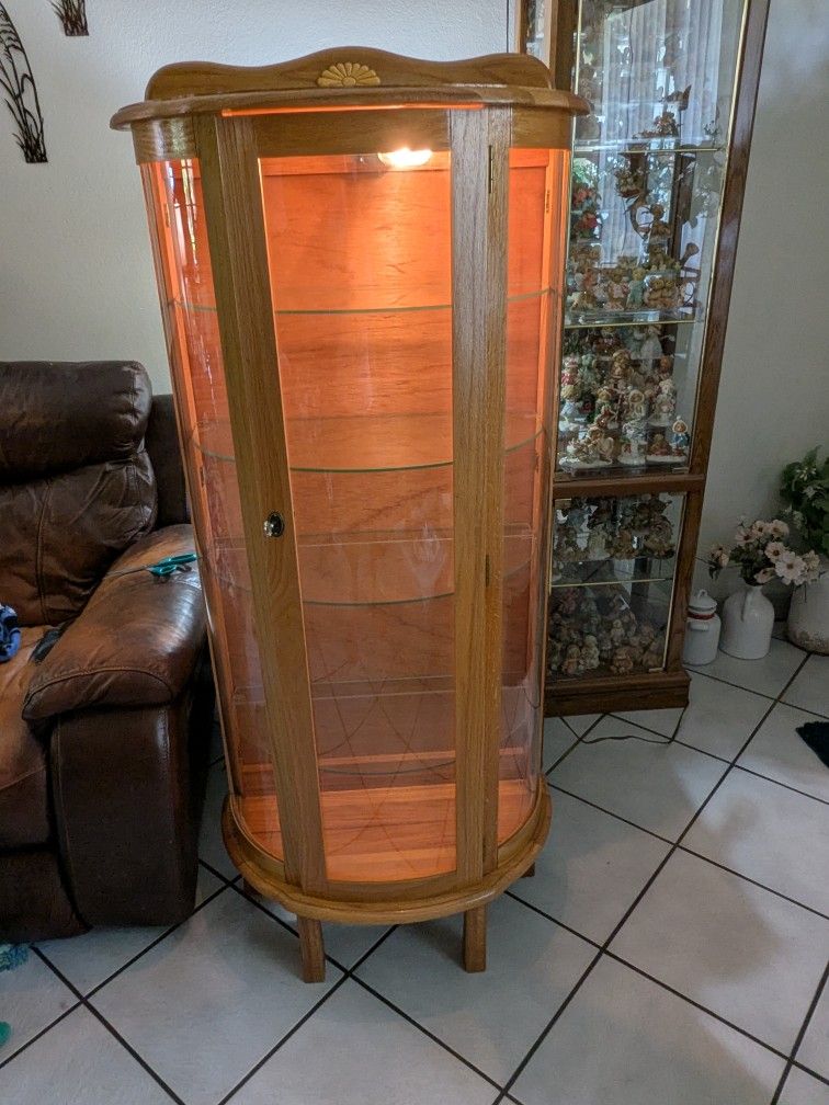 Solid Oak Lighted Curio Cabinet 
