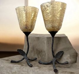 Vintage Mercury Glass Votive Candle Holders Black Metal Leaf Base Set of 2