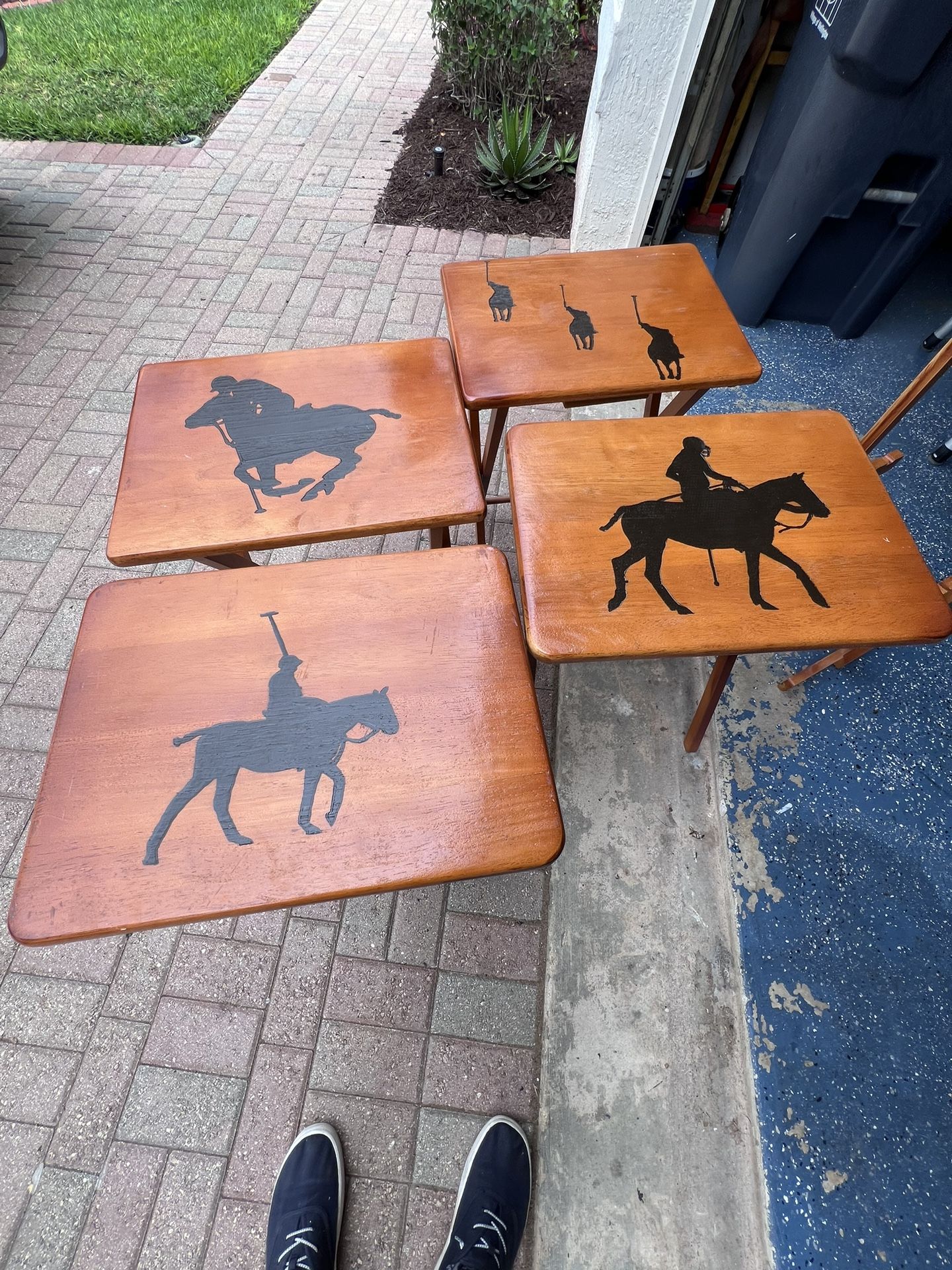 4 Wooden Laser Engraved Polo Horse TV Trays With Stand