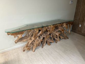 One Solid Teak Root Glass Top Console Table