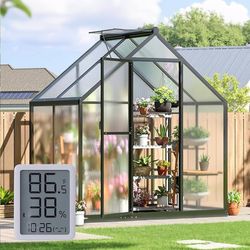 6x4FT Greenhouse with Hygrometer, Plant Gardening Green Houses for Outside Heavy Duty with Aluminum Frame, Quick Setup Polycarbonate Greenhouse with L
