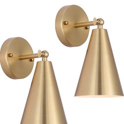 Gold Sconces Set of 2, Modern Brass Wall Sconces Lighting Fixtures with Metal Shade, Indoor Decor Wall Mount Swing Arm Lamp for Bedroom,Bedside, Kitch