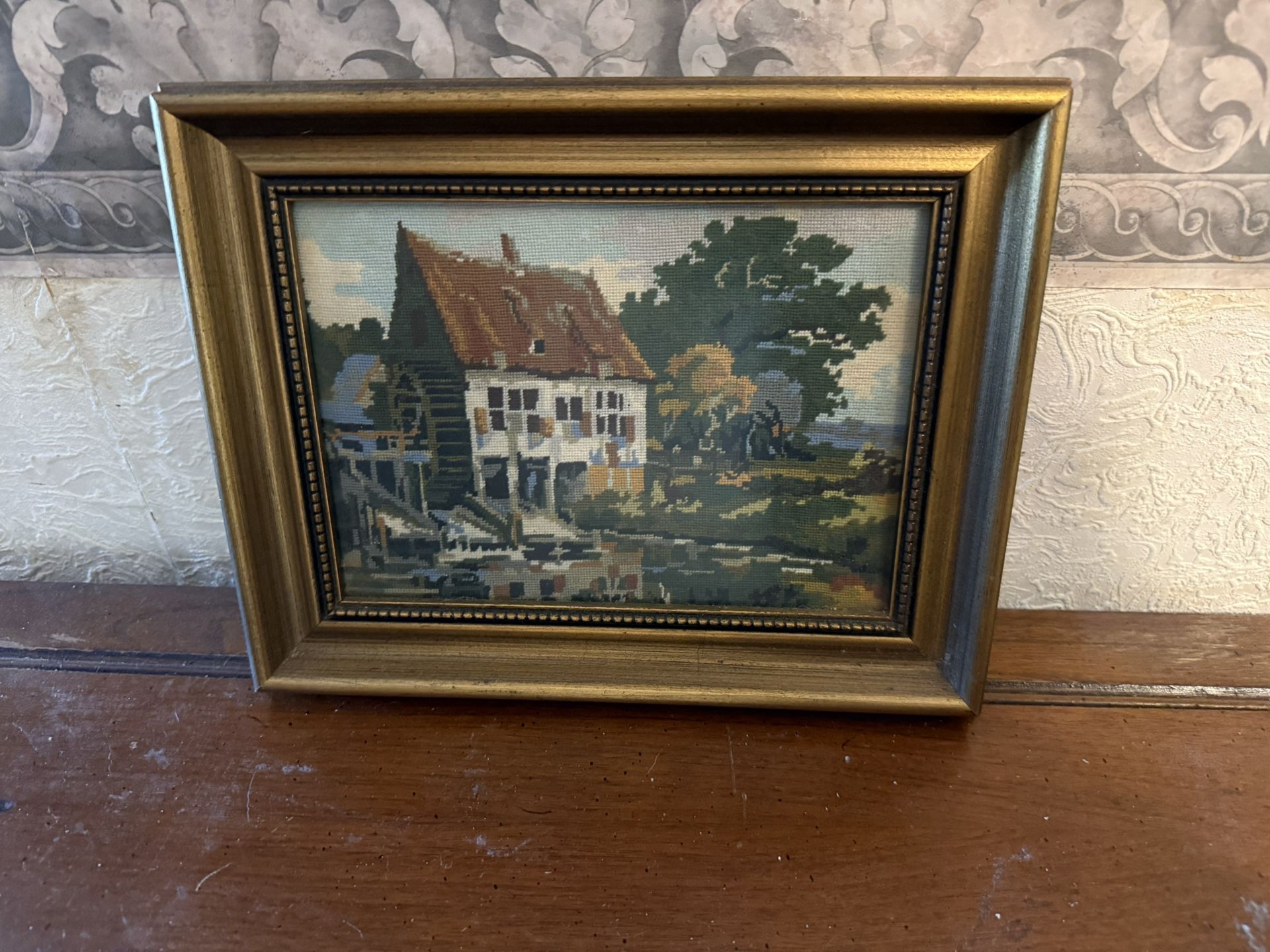 Vintage Gobelin France Framed Needlepoint Wall Art Farmhouse Mill