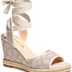 NEW! Coach Women's Page Signature Ankle-Tie Wedge Sandals