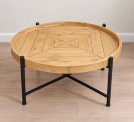 Round Wood Coffee Table with Black Metal Base