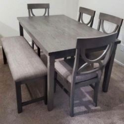 ✅️✅️(6 pc  Grey finish wood dining table set grey padded seat chairs and bench✅️✅️✅️