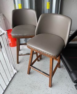 Set of 2 Swivel Counter Stools - Taupe Faux Leather with Nailhead Trim