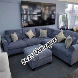 ✅️✅️ 4pc dark Grey corduroy fabric sectional sofa with rounded arms and ottoman ✅️✅️