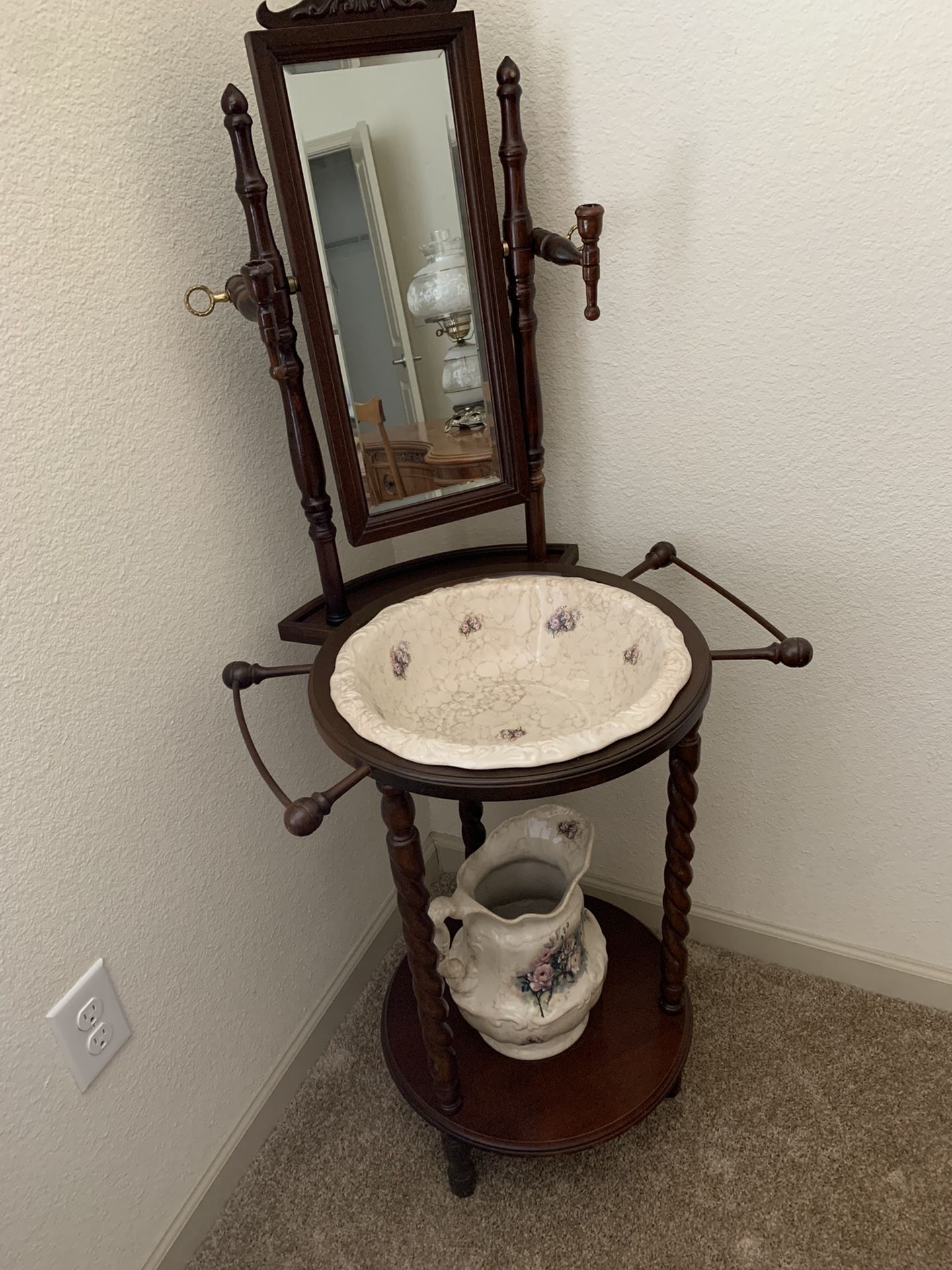 Antique Wooden Wash Stand w/ Basin Bowl And Pitcher