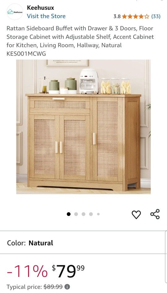 Rattan Sideboard Buffet with Drawer & 3 Doors, Floor Storage Cabinet with Adjustable Shelf, Accent Cabinet