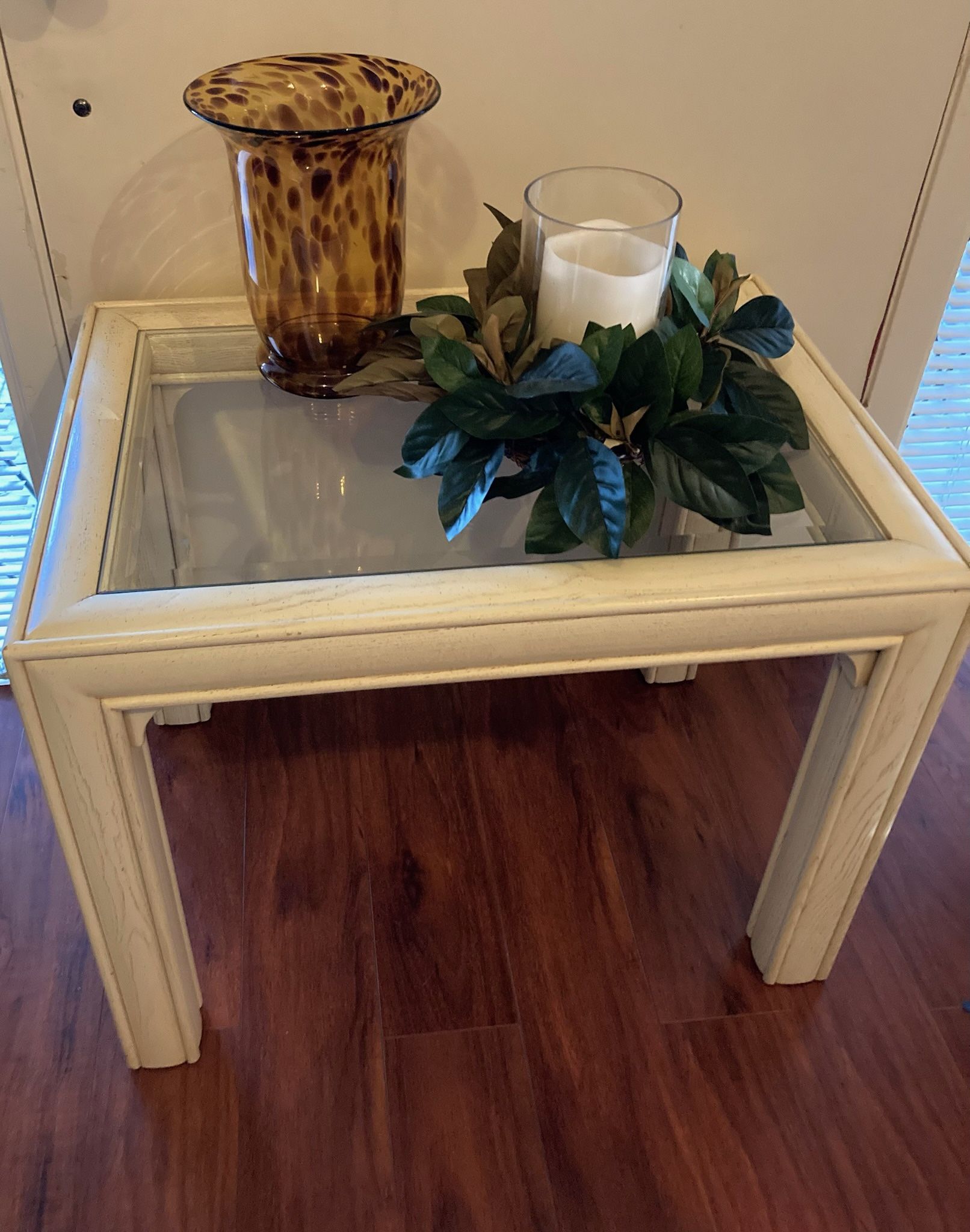 Two all wood end or side tables. Ivory/Cream colorBeveled Glass tops Like New Accent tables