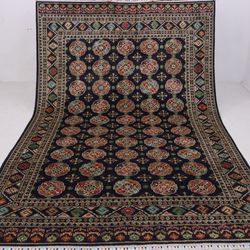 7x10 ft Afghan handmade Black Vaziri Pattern Area rug, handwoven vegetable dye rug.