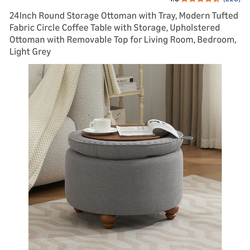 Light Grey Round Storage Ottoman w Tray & Table Top
