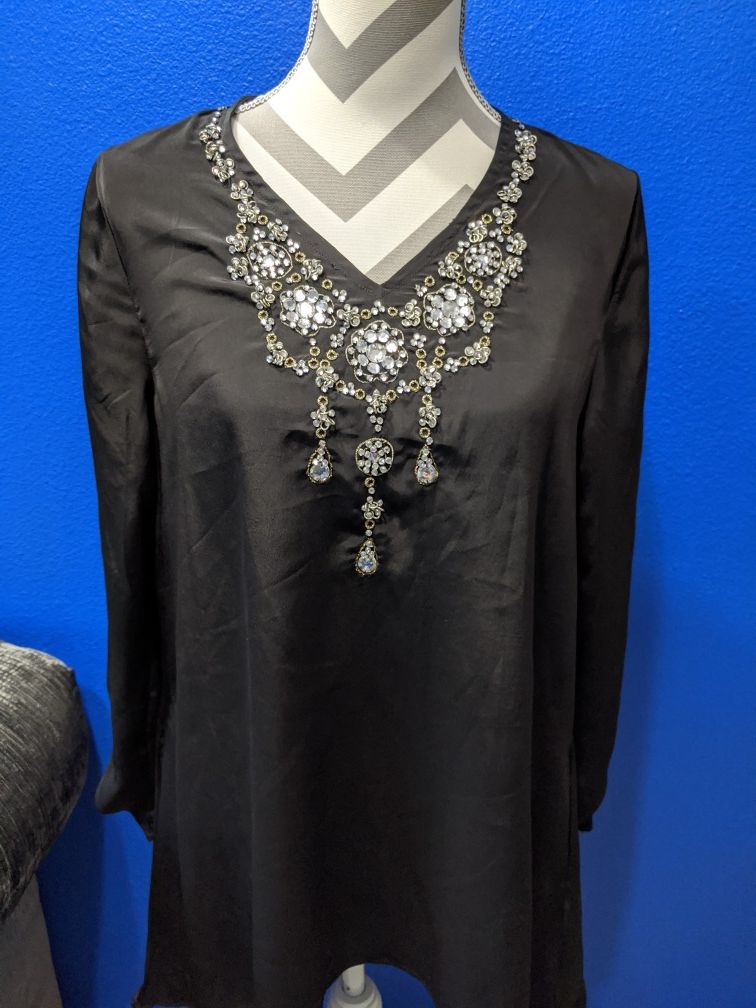 Adrienne Landau Women's Black Tunic Style Blouse with Necklace style Beading